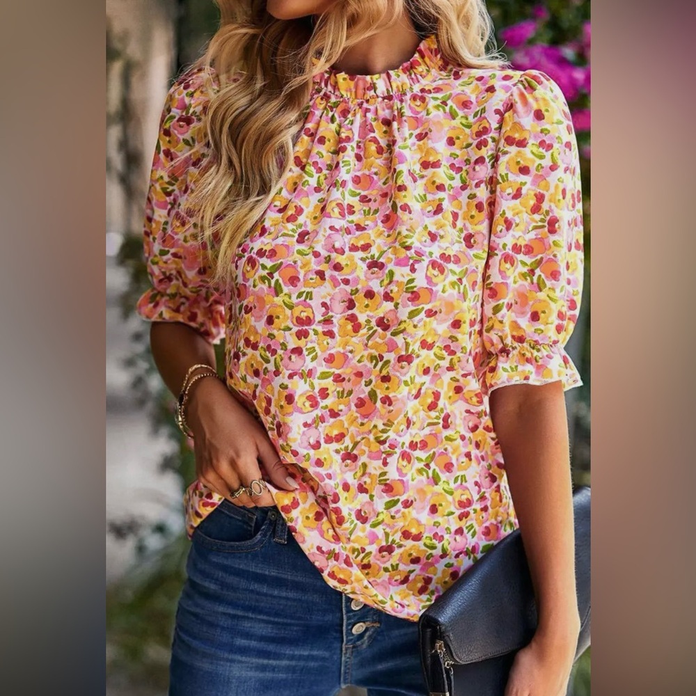 Size Large. Boho floral ruffle sleeve mock neck blouse.